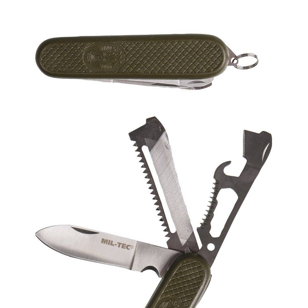 Navaja de bolsillo plegable militar verde con cuchillo, sierra, abridor, destornillador y juego de llaves