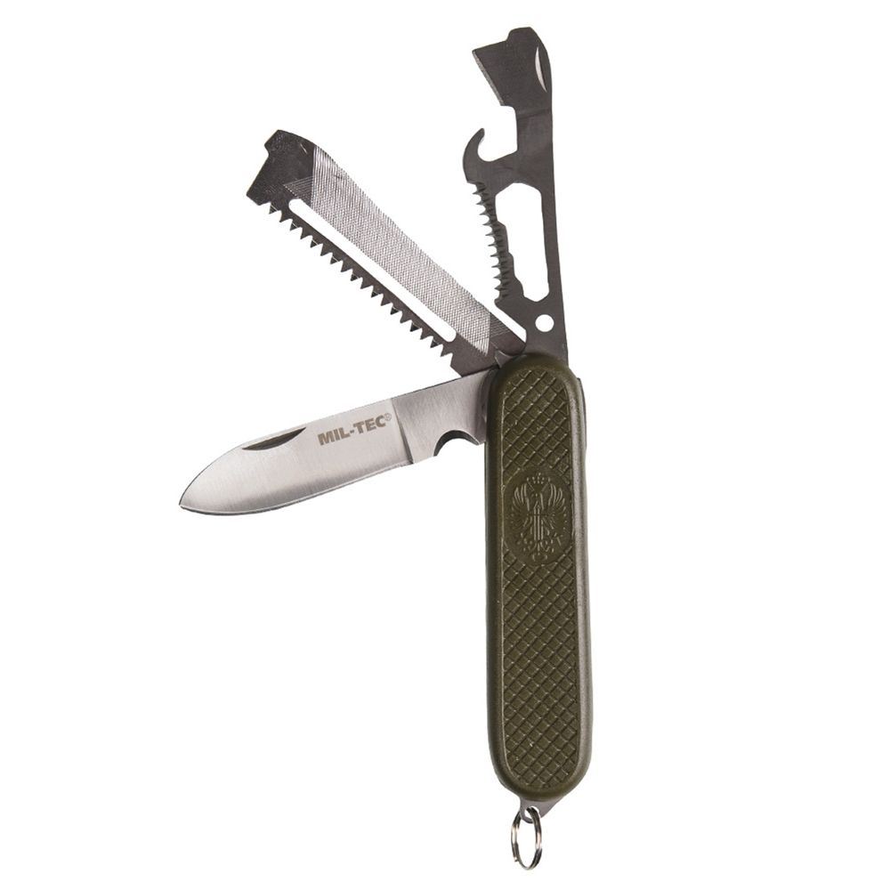 Navaja de bolsillo plegable militar verde con cuchillo, sierra, abridor, destornillador y juego de llaves