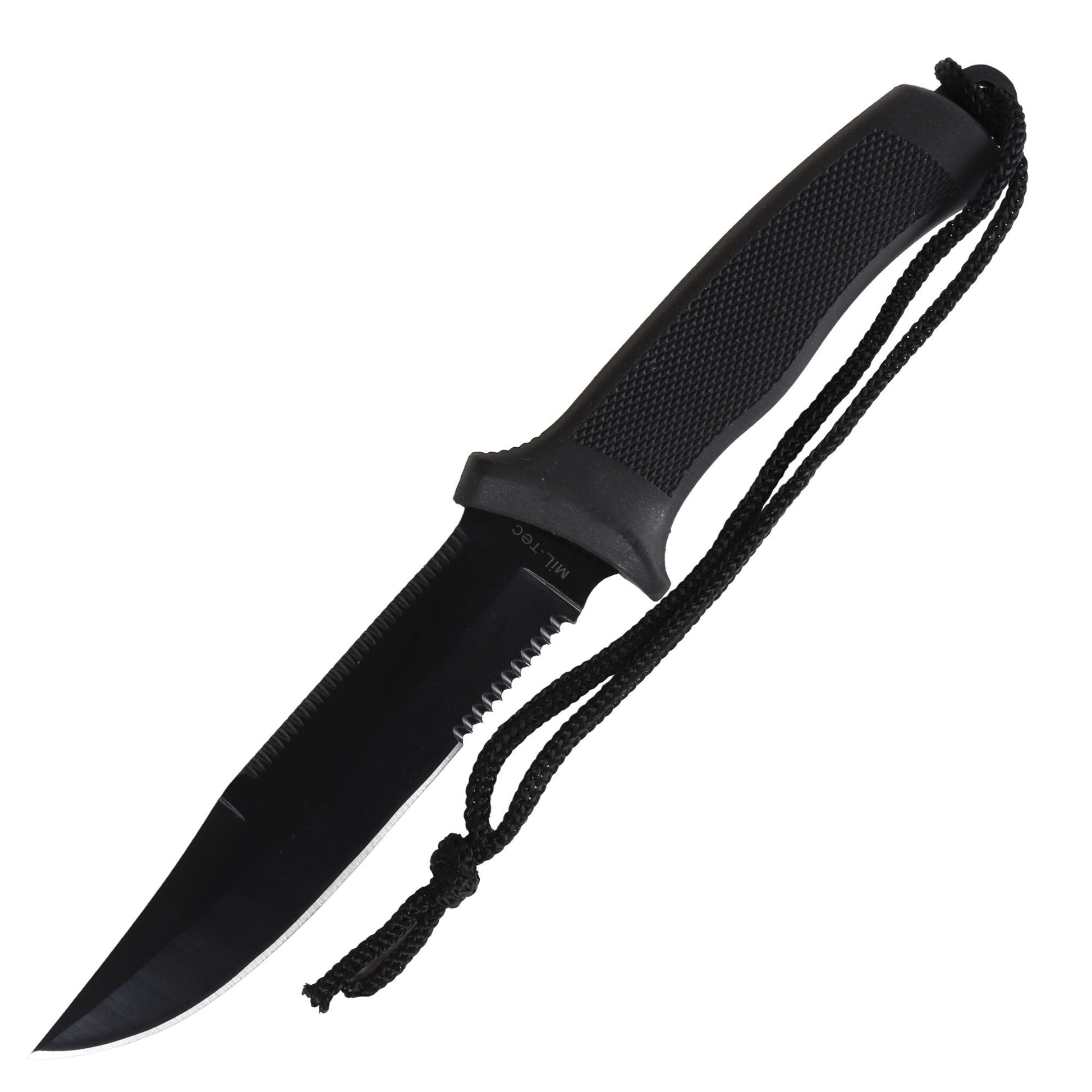 Cuchillo táctico negro con hoja ennegrecida y funda CORDURA