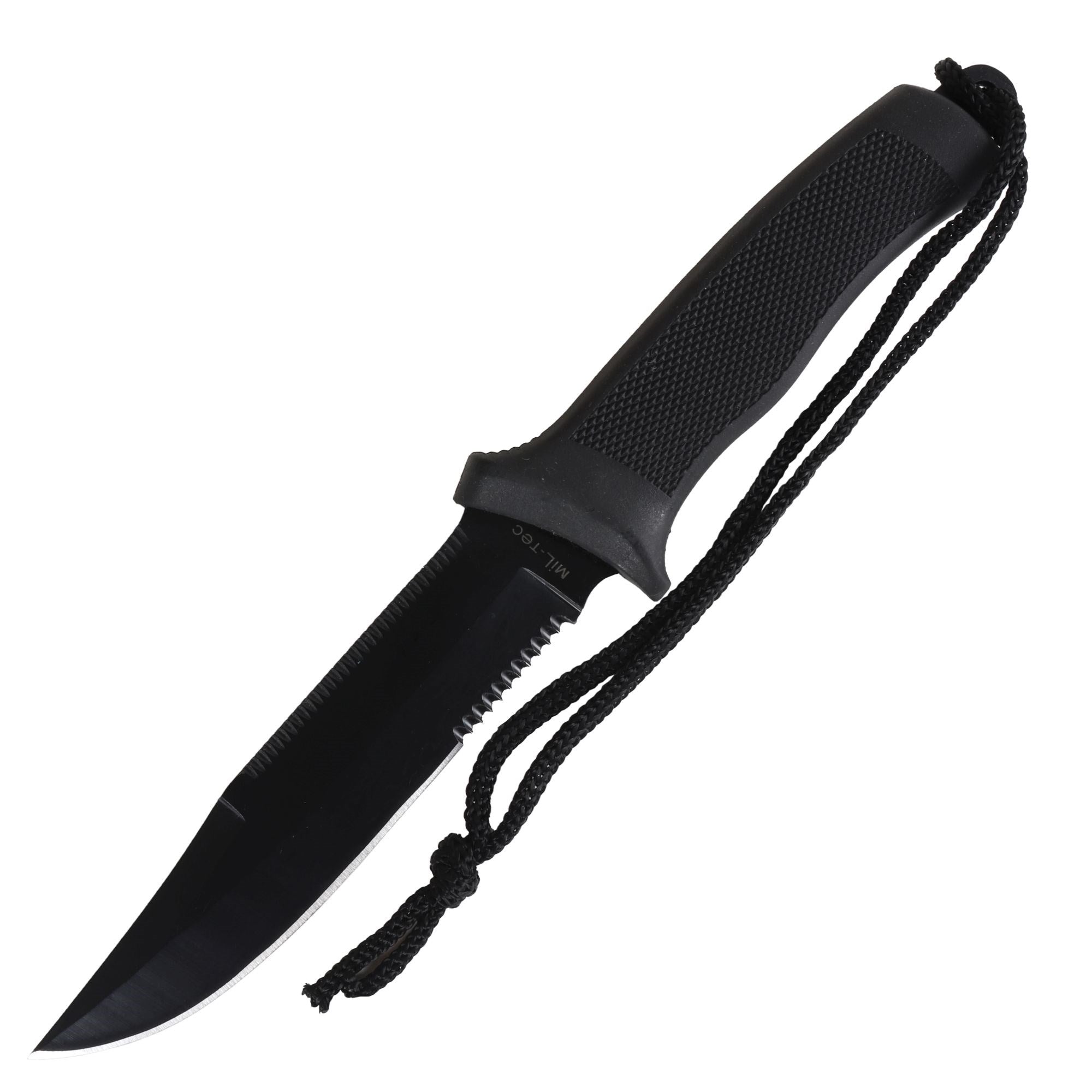 Cuchillo táctico negro con hoja ennegrecida y funda CORDURA