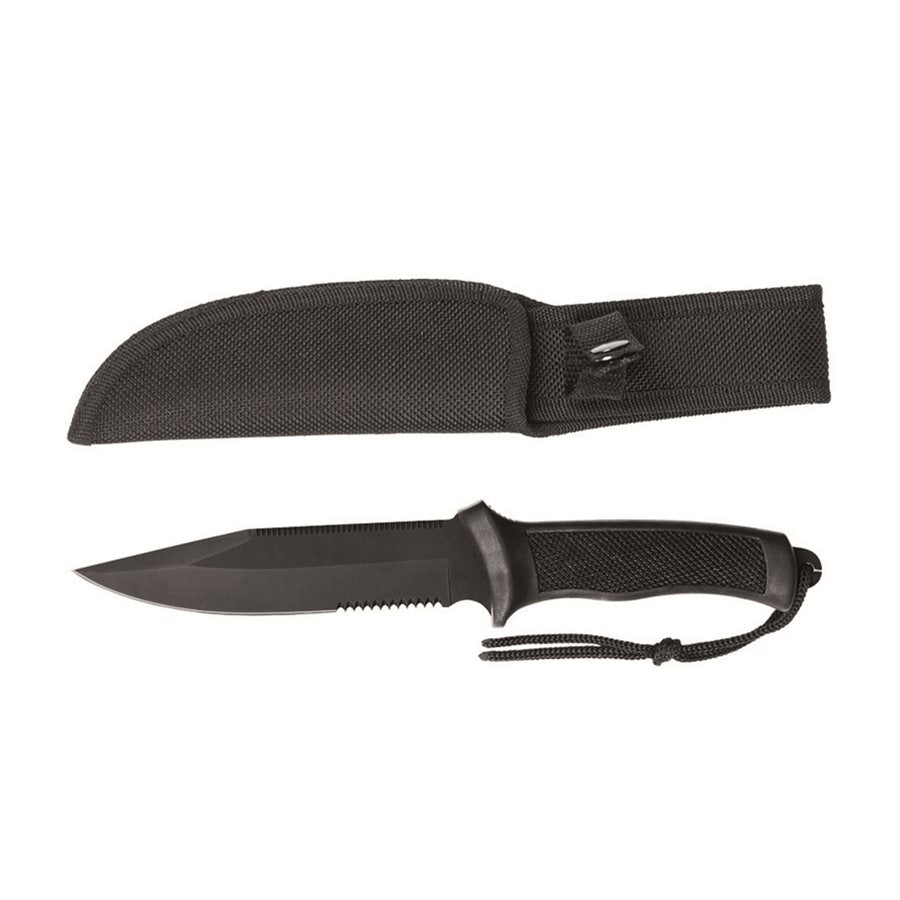 Cuchillo táctico negro con hoja ennegrecida y funda CORDURA