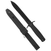 Cuchillo táctico negro con hoja lisa 3Cr13 y sierra en el lomo, con funda de plástico