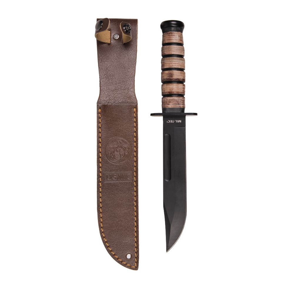 Réplica cuchillo USMC con hoja de acero inoxidable y funda de cuero, longitud total aprox. 30 cm