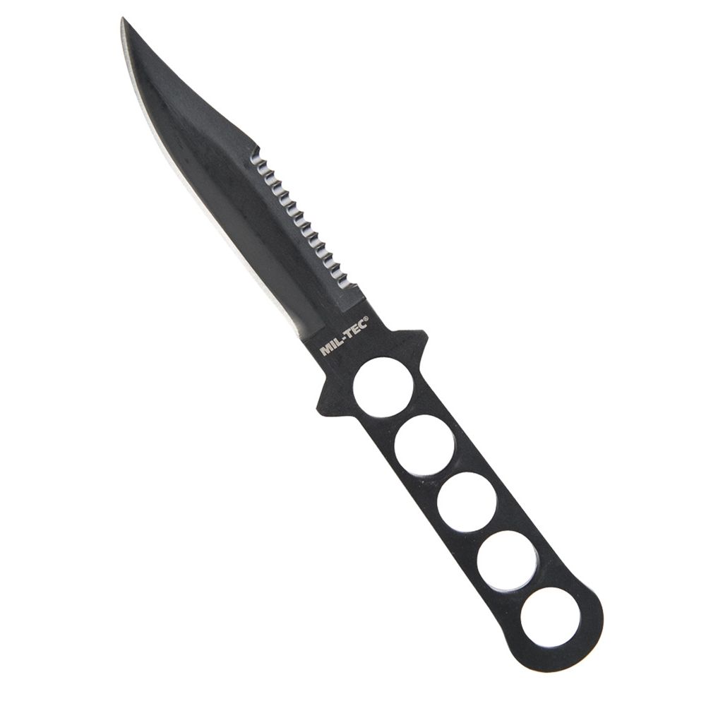 Cuchillo de buceo ligero con funda de plástico y hoja con sierra superior