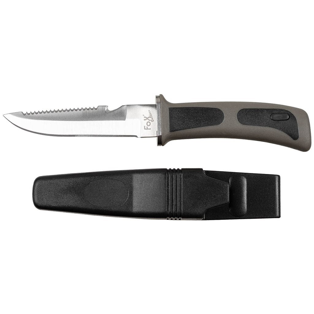 Cuchillo de buceo FROGMAN negro con mango plastico negro-verde y funda de plastico