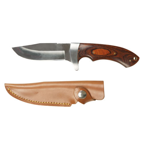 Cuchillo de caza 23 cm, hoja 10 cm, mango de madera y funda de cuero