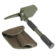 Mini pala plegable verde con funda y mango de goma. Montada 40,5 cm; plegada 30 cm.