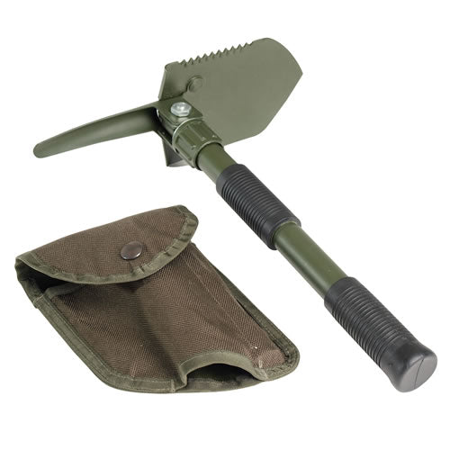 Mini pala plegable verde con funda y mango de goma. Montada 40,5 cm; plegada 30 cm.