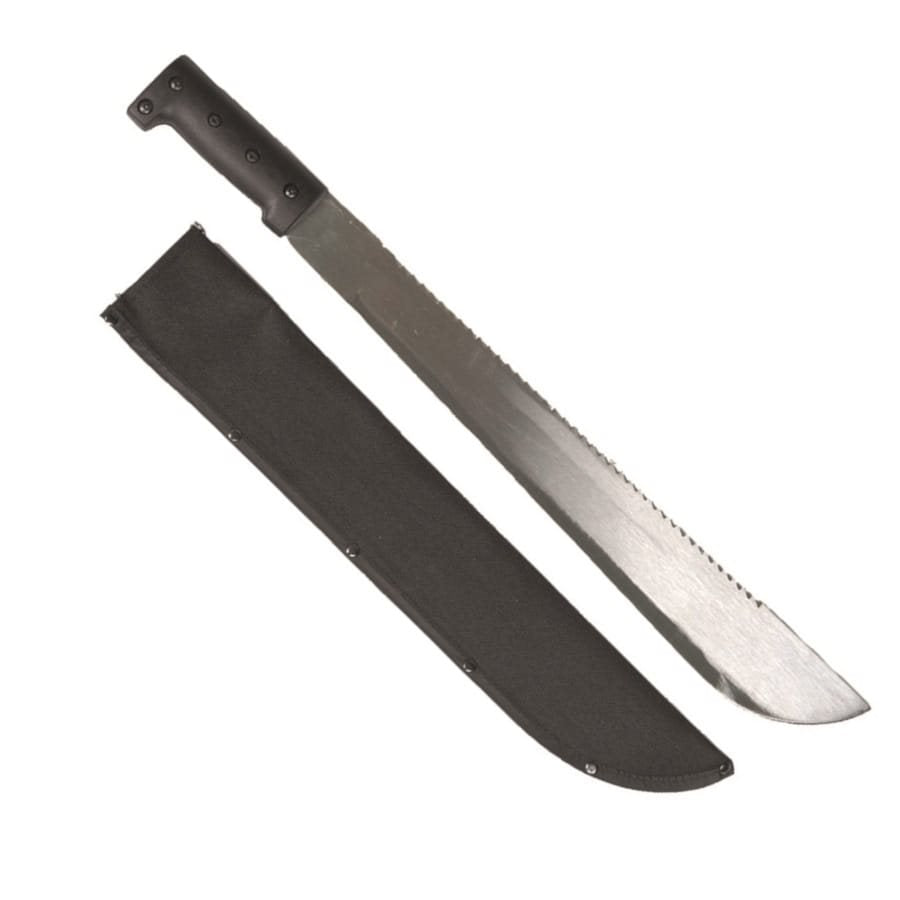 Macheta Mil-Tec con sierra, hoja 46 cm, mango plástico y funda de nylon negra