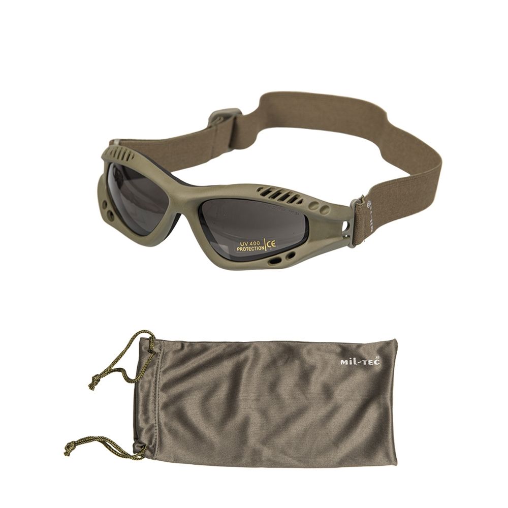 Gafas COMMANDO AIR Mil-Tec verdes ahumadas con marco plástico, correa elástica y estuche