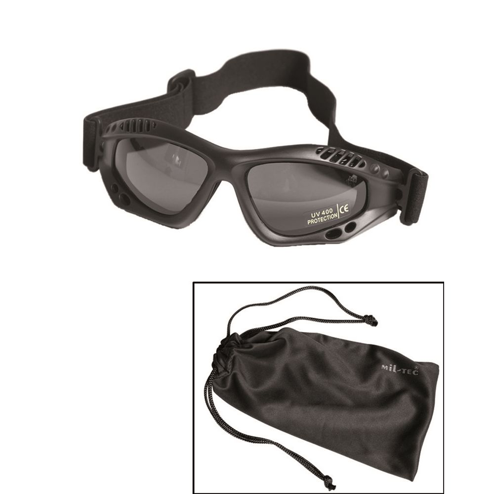 Gafas COMMANDO AIR Mil-Tec verdes ahumadas con marco plástico, correa elástica y estuche