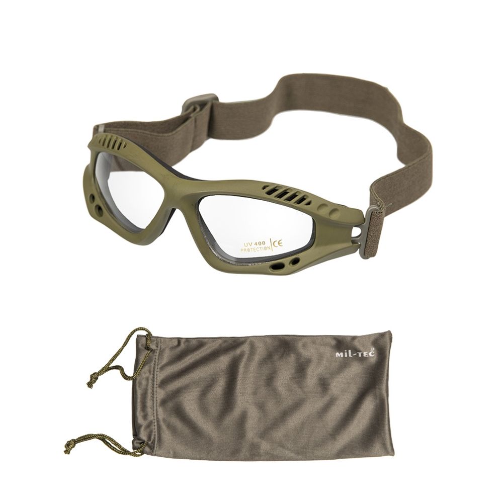Gafas COMMANDO AIR Mil-Tec verdes con lente ahumada y correa elástica