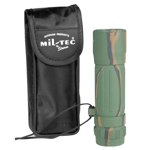 Monocular 10x25 negro con acabado gomoso, correa al cuello y funda de nylon