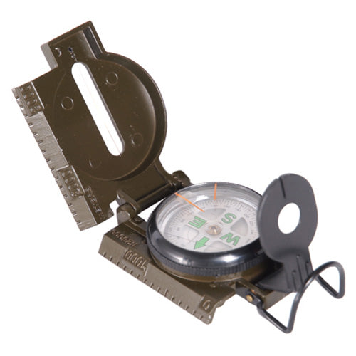Brújula tipo ranger US Army verde en funda de aluminio con lupa en la mira