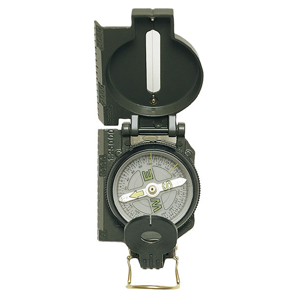 Brújula tipo ranger US Army verde en funda de aluminio con lupa en la mira