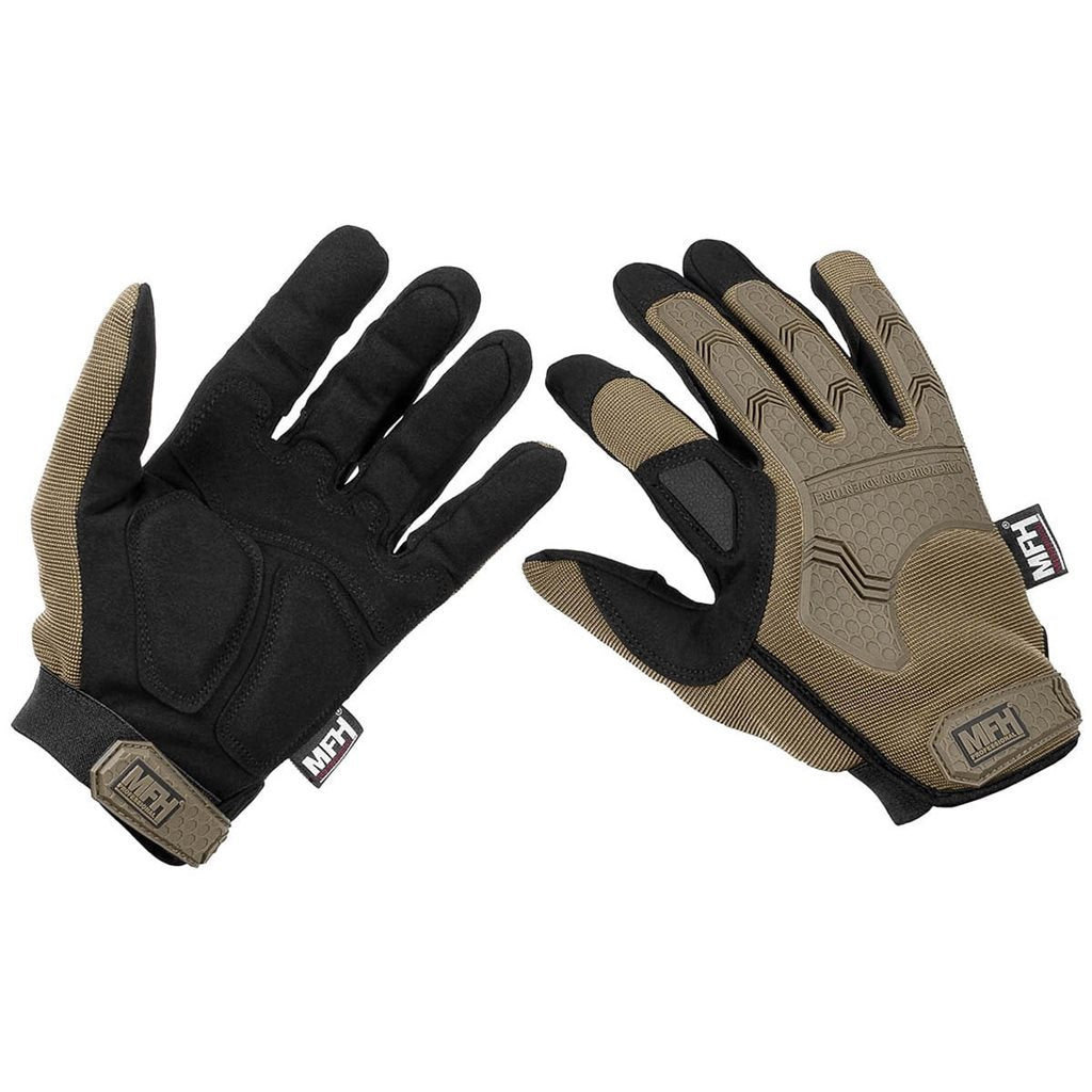 Guantes tácticos ATTACK coyote con protección de nudillos y pulgar y meñique abatibles
