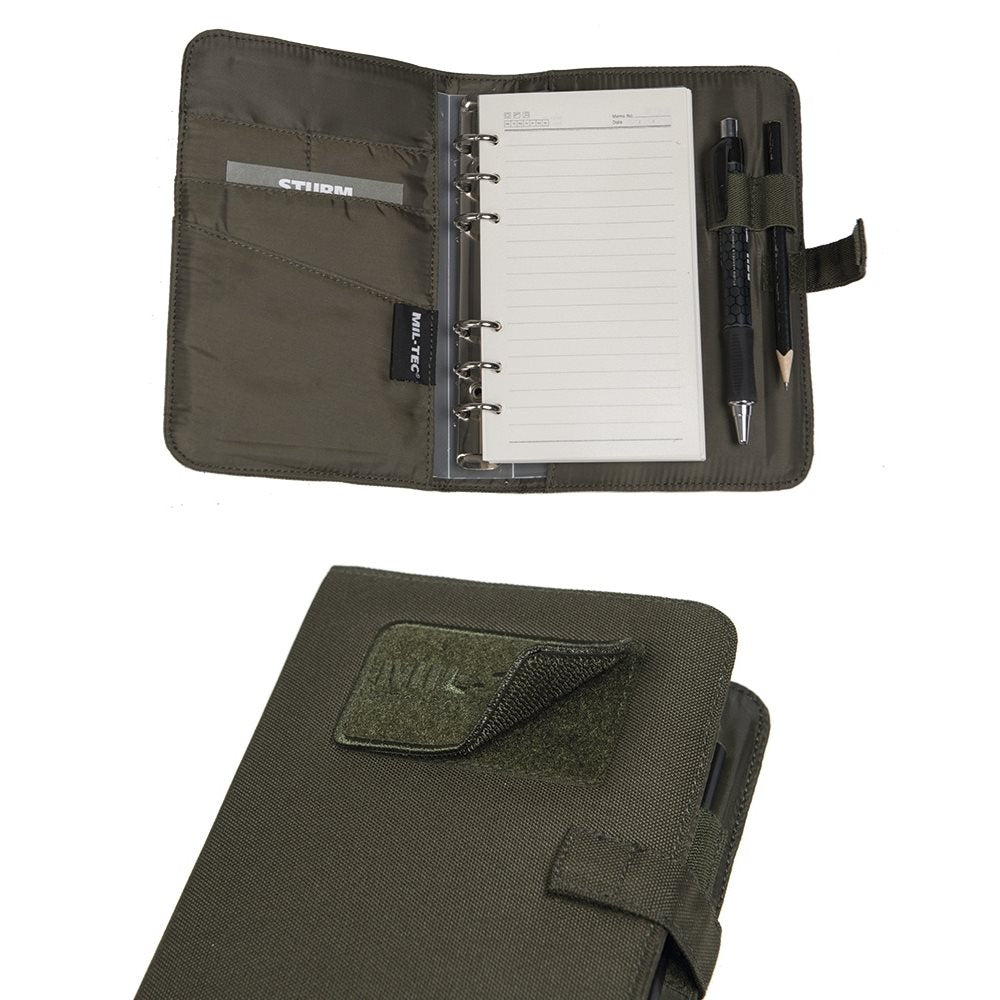 Carpeta verde para documentos pequeños en poliéster con cierre velcro, anillas, clip y bolsillos para tarjetas
