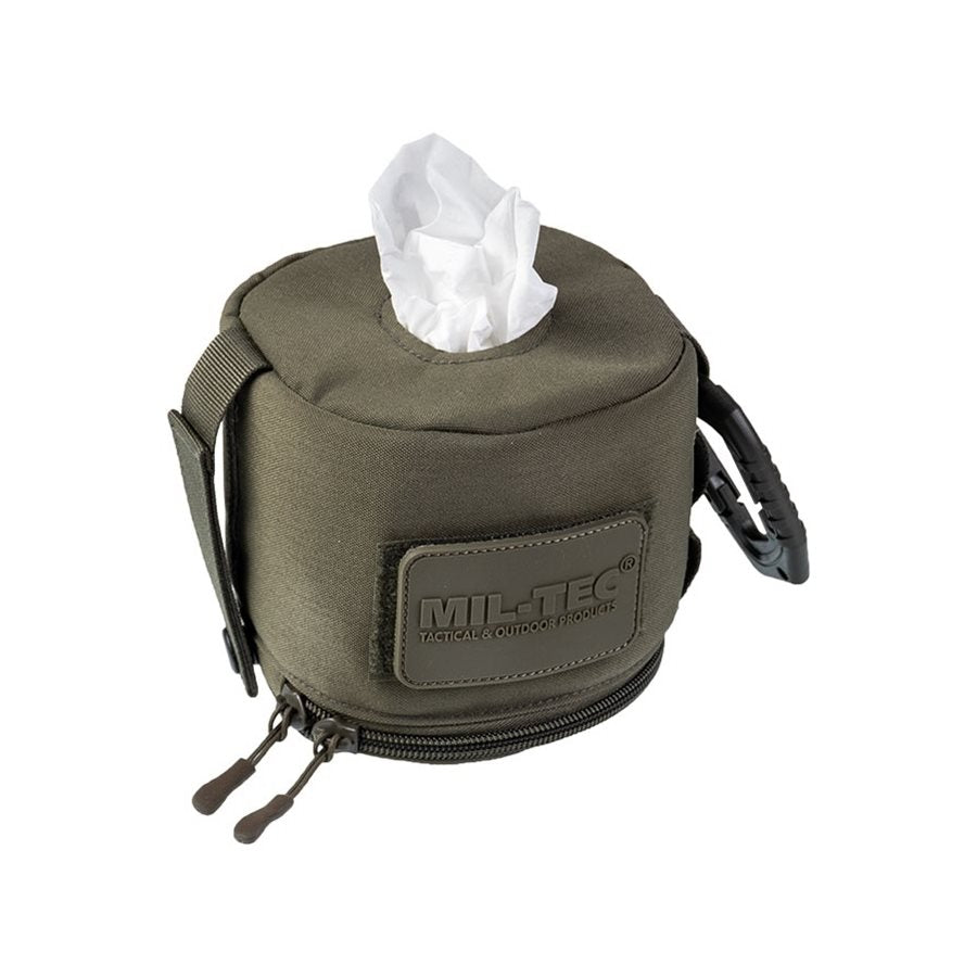 Funda MOLLE verde para pañuelos o papel higiénico con mosquetón y forro interior de poliuretano