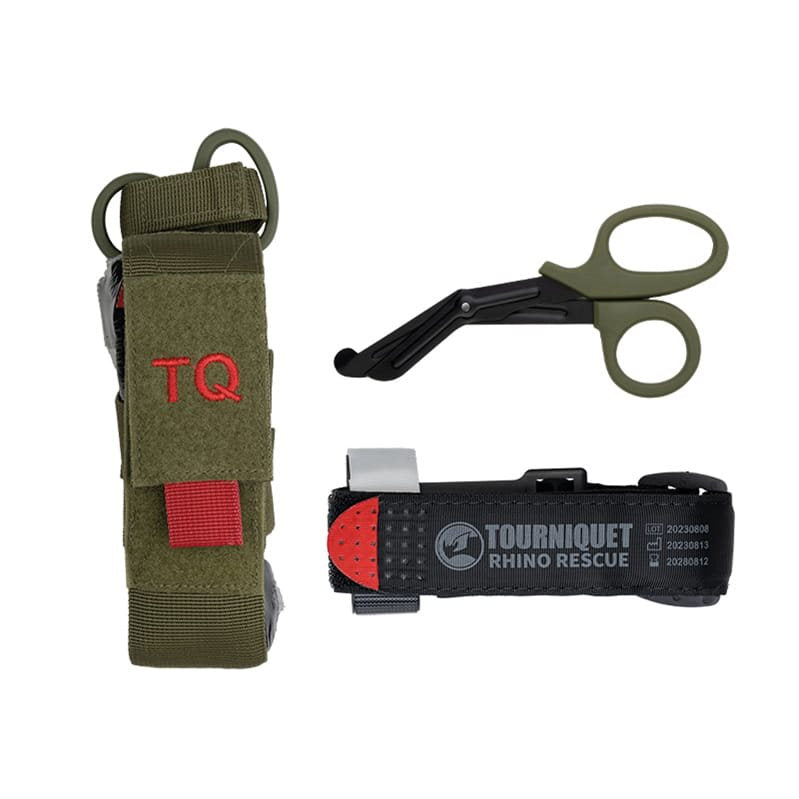 Set verde con Torniquete Rhino Rescue, funda compatible MOLLE/PALS y tijeras médicas