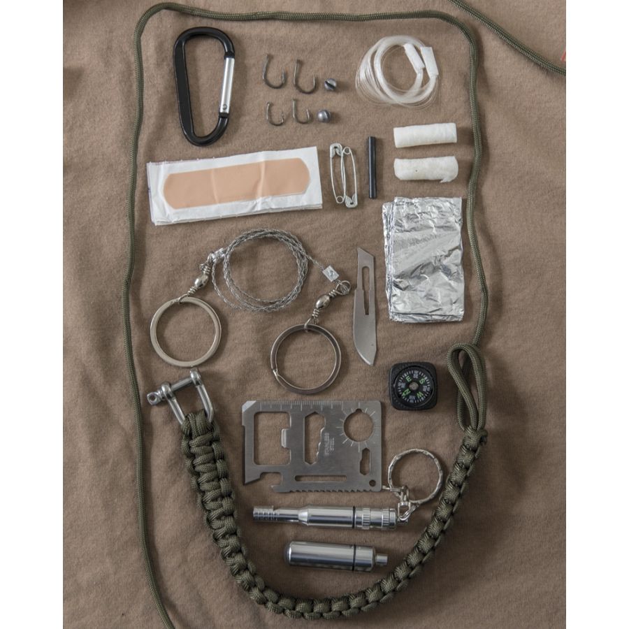 Kit de supervivencia Paracord negro con cuerda paracord, cápsula metálica y accesorios
