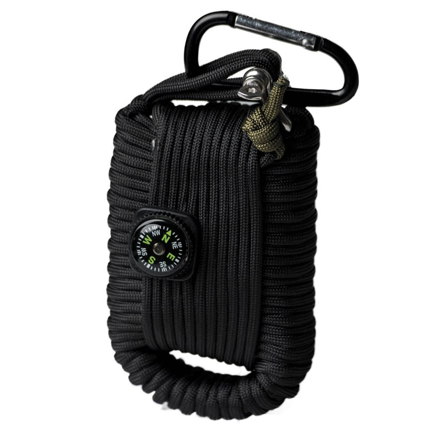 Kit de supervivencia Paracord negro con cuerda paracord, cápsula metálica y accesorios