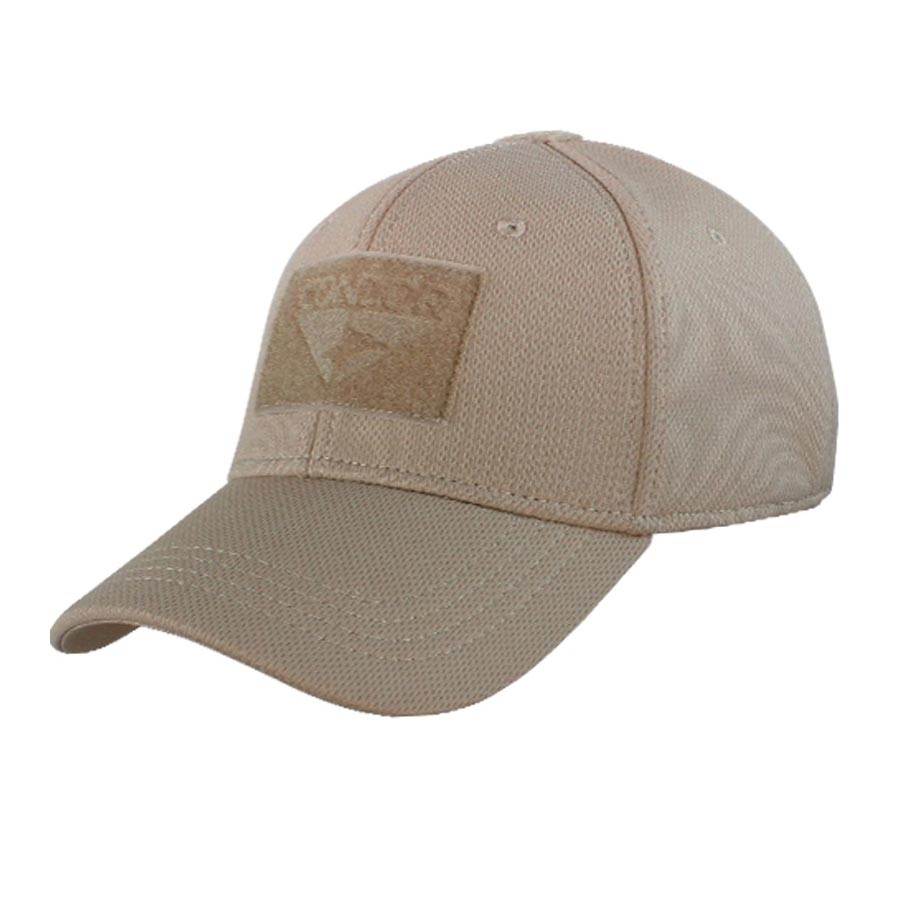 Gorra táctica FLEX poliéster TAN con paneles de velcro frontal, trasero y superior