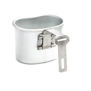 Taza militar belga usada de aluminio con asa abatible