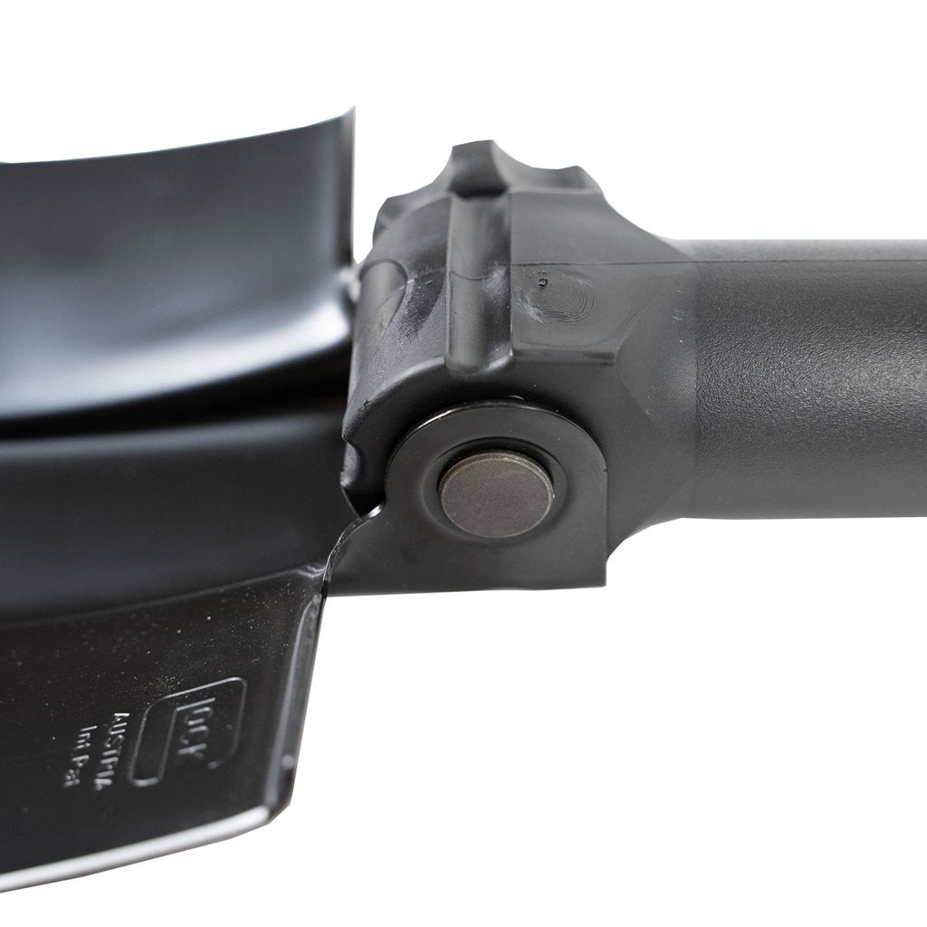 Pala plegable GLOCK negra con sierra integrada, combinación de metal y plástico