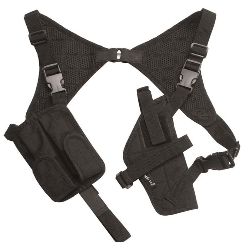 Funda axilar para pistola verde con doble bolsillo para cargadores y cierre de velcro