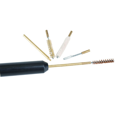Kit de limpieza para armas 9mm con mango de plástico y accesorios intercambiables (cepillo de latón, mop, cepillo de cerdas)