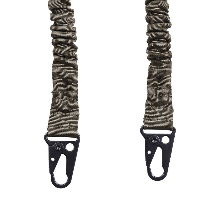 Correa táctica Bungee 2 puntos verde con secciones elásticas y mosquetones metálicos