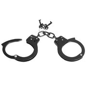 Esposas Pouta Single Lock negras con cadena y ojales soldados, superficie ponikelada, peso 110 g