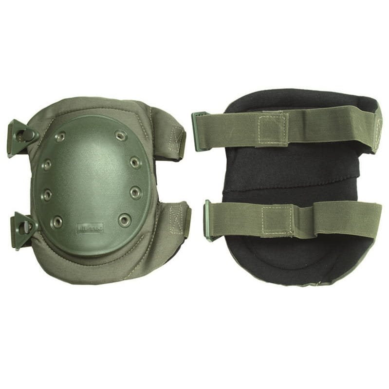 Protecciones de rodilla olive drab con correas y hebillas metálicas, acolchado interior reforzado