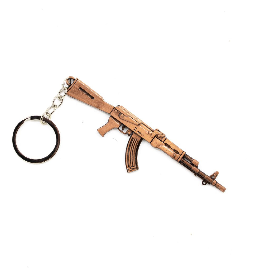 Llavero metálico en forma de rifle AK con acabado latón e aro para llaves, 11,5 cm