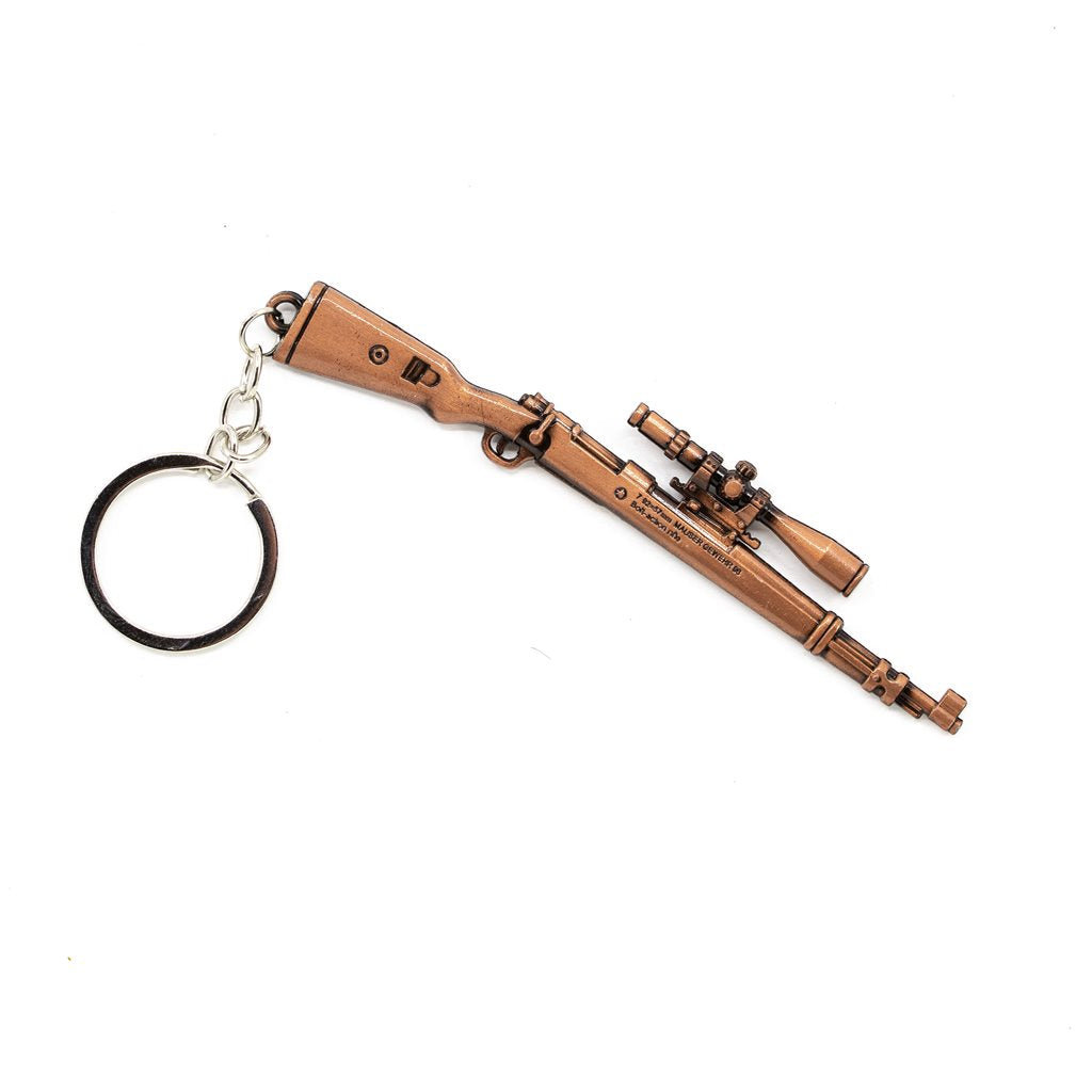 Llavero metálico en forma de rifle KAR98K con mirilla, acabado latón, incluye anilla, longitud aprox. 11,6 cm