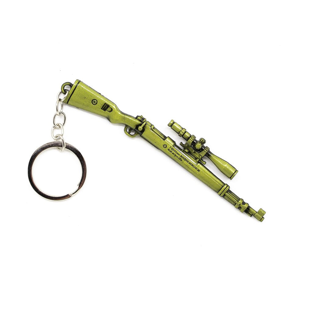 Llavero metálico en forma de rifle KAR98K con mirilla, acabado latón, incluye anilla, longitud aprox. 11,6 cm