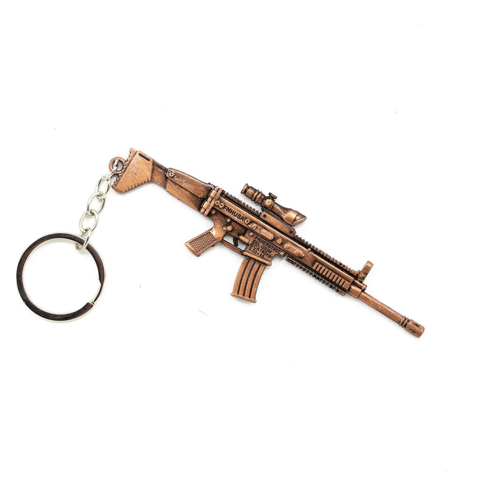 Llavero metálico en forma de fusil SCAR-L en latón, con aro para llaves; longitud aprox. 11,5 cm