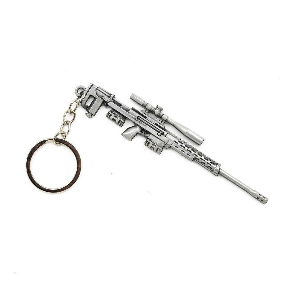 Llavero metálico con forma de fusil AK plateado, longitud aproximada 11,5 cm, incluye anilla para llaves