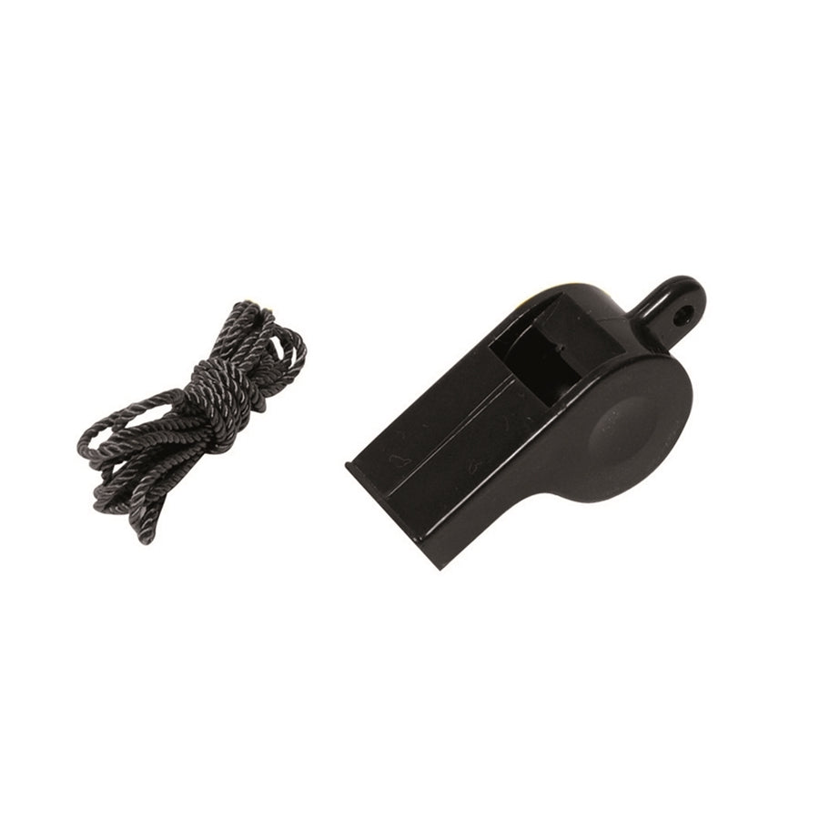 Silbato US de plástico negro con cordón, copia Mil-tec