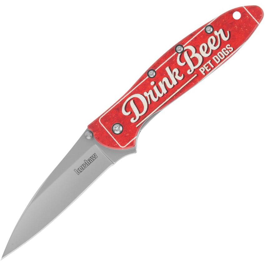Navaja plegable con gráfica roja y blanca 'Drink Beer, Pet Dogs' en las cachas