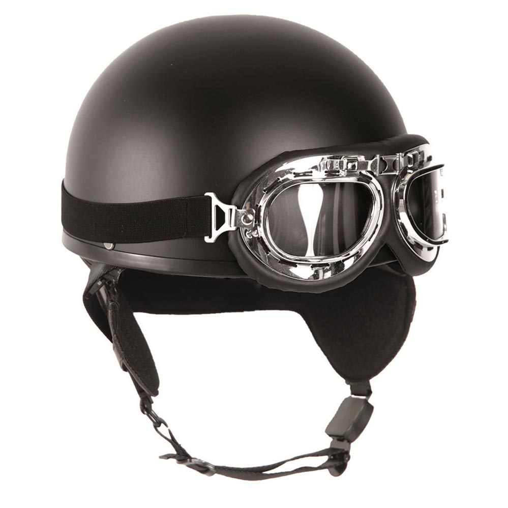 Casco retro de moto negro con gafas incluidas