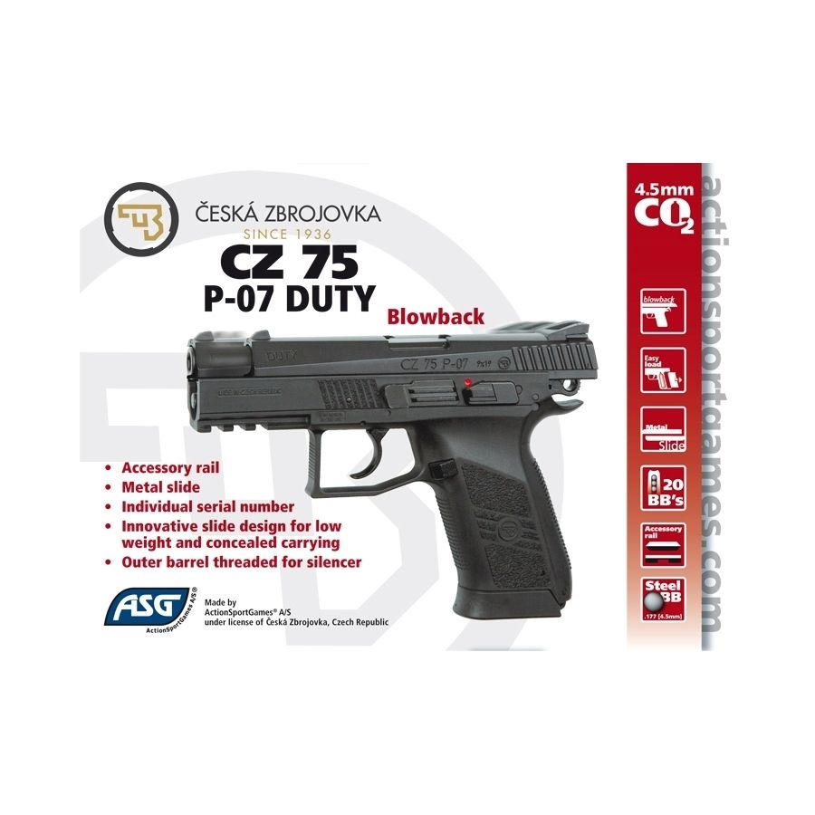 Pistola de aire ASG CZ 75 P-07 Duty BLOWBACK CO2 BB 4,5 mm réplica en acero