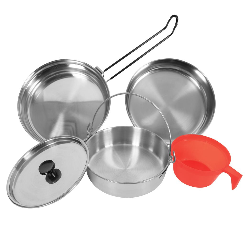 Juego de cocina de acero inoxidable 5 piezas con sartenes, cuenco y taza de plástico