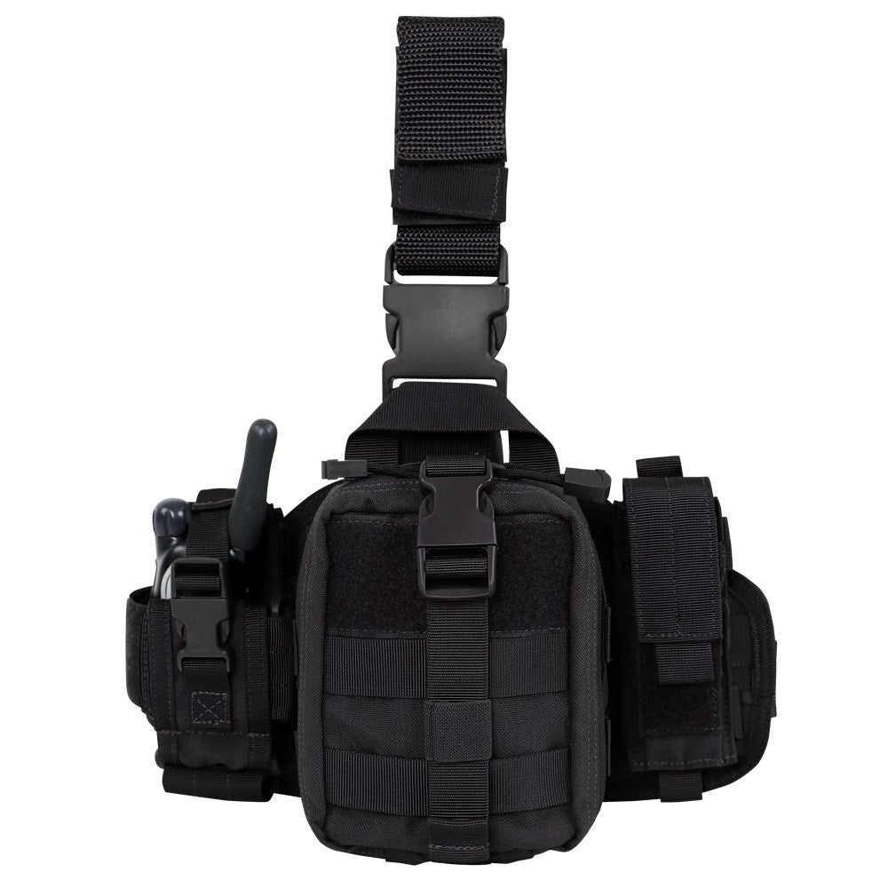 Panel de muslo táctico MOLLE negro con tres fundas y base acolchada antideslizante