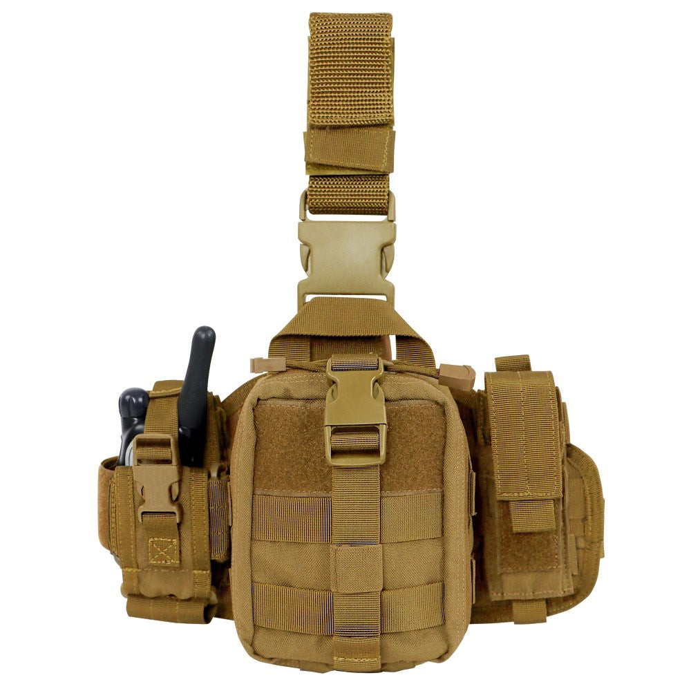 Panel de muslo EMT MOLLE color coyote con tres fundas desmontables y plataforma acolchada antideslizante