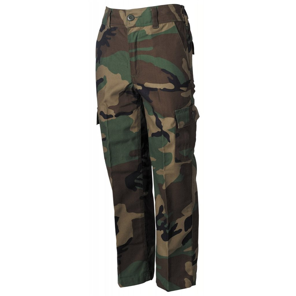 Pantalones infantiles camuflaje Woodland estilo BDU con refuerzos y múltiples bolsillos