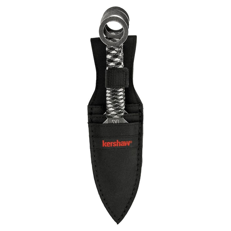 Juego de 3 cuchillos arrojadizos con hojas en forma de pedernal, acero oxidado y funda de nylon con anilla para cinturón