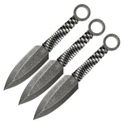 Juego de 3 cuchillos arrojadizos con hojas en forma de pedernal, acero oxidado y funda de nylon con anilla para cinturón