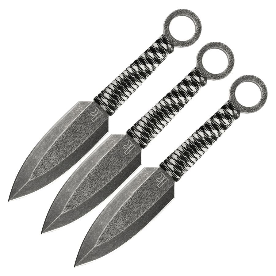 Juego de 3 cuchillos arrojadizos con hojas en forma de pedernal, acero oxidado y funda de nylon con anilla para cinturón