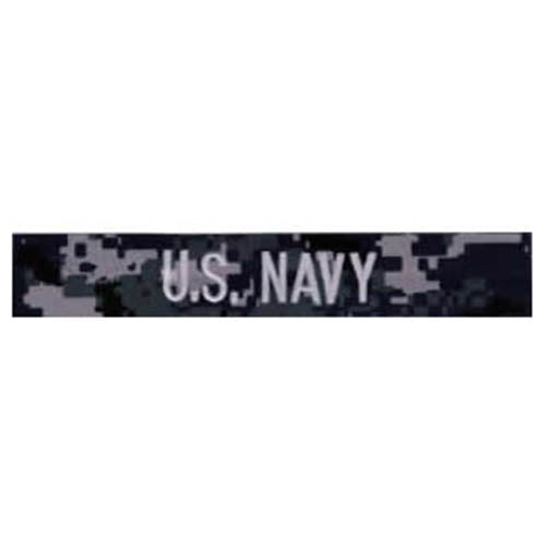 Parche U.S. NAVY bordado en hilo plateado sobre fondo camuflaje Digital Navy